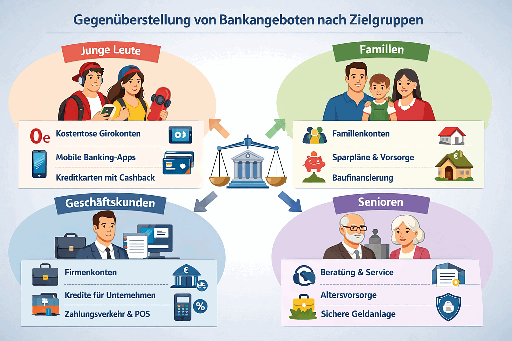 Gegenüberstellung von Bankangeboten - Vergleich der Konditionen nach Zielgruppen