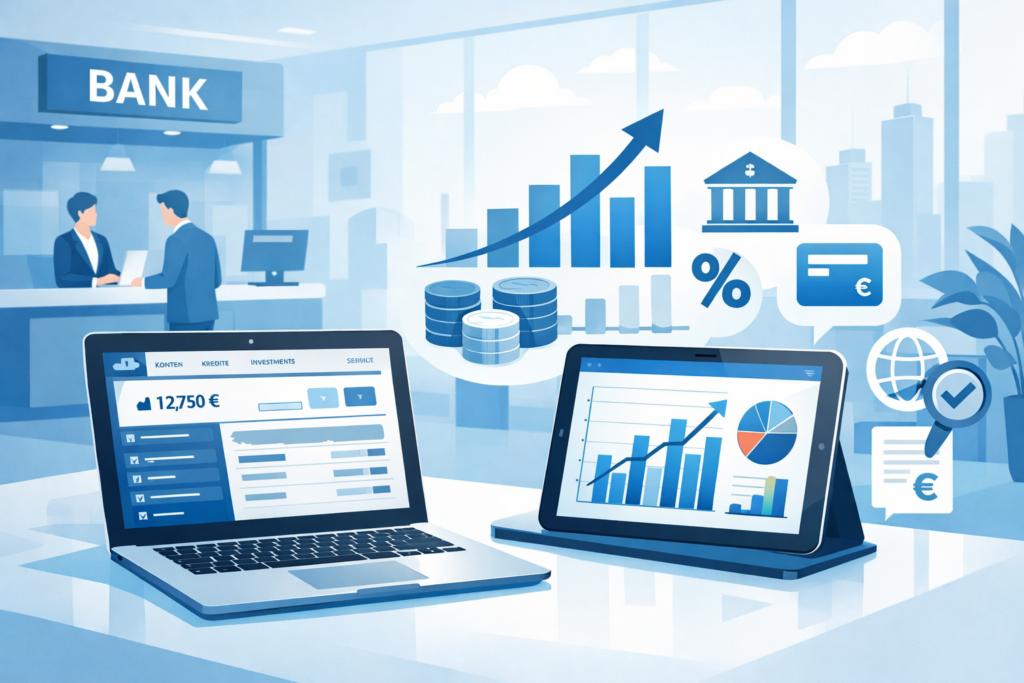 Modernes Finanzdashboard und Bankübersicht – BankenInformation.net Illustration zu Bankenvergleich, Bankdienstleistungen und Finanzinformationen