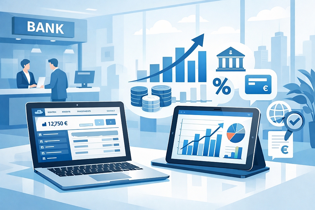 Modernes Finanzdashboard und Bankübersicht – BankenInformation.net Illustration zu Bankenvergleich, Bankdienstleistungen und Finanzinformationen